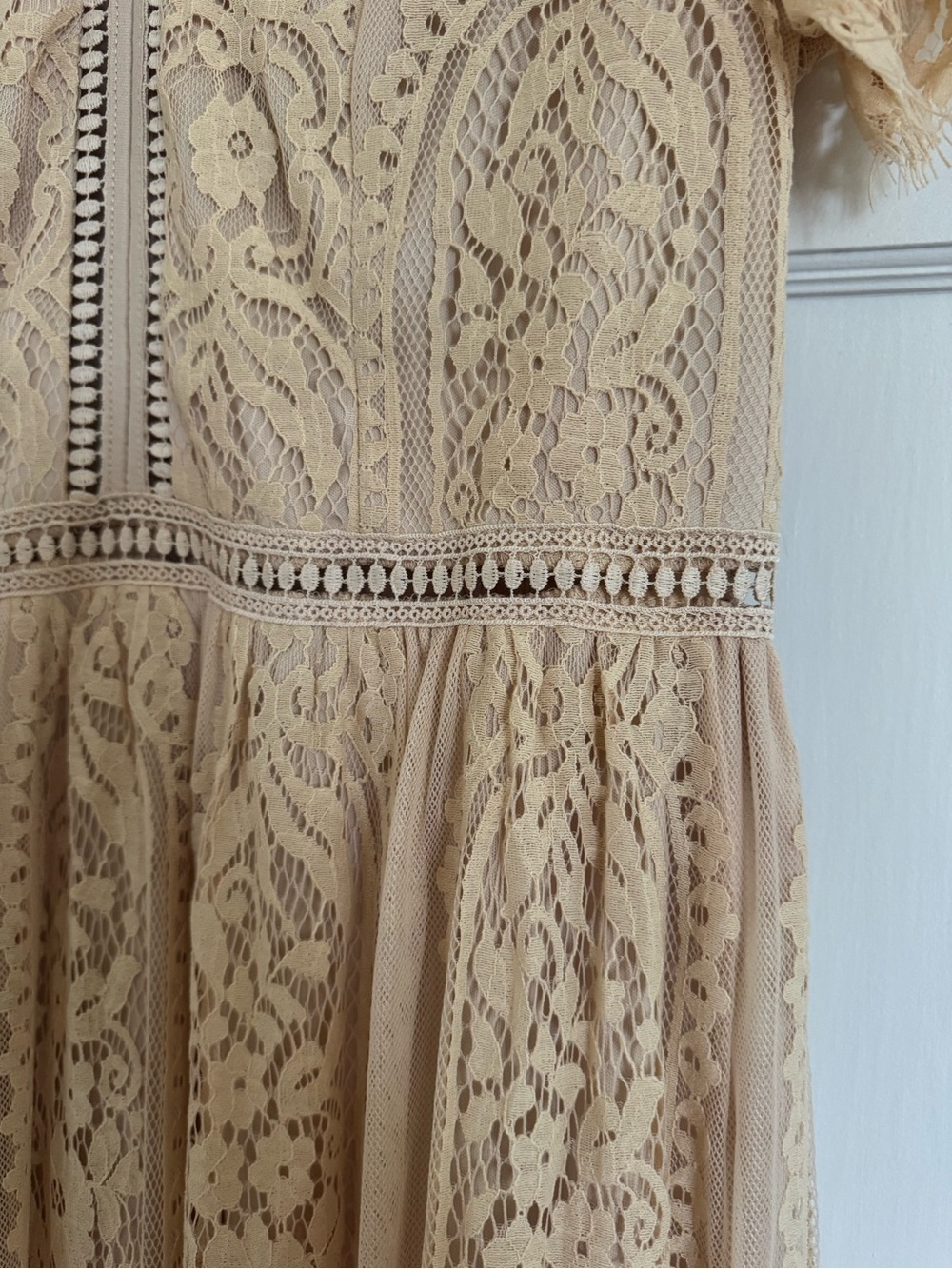 MEROKEETY - Beige Floral Lace Maxi Dress - Picture 6 of 9